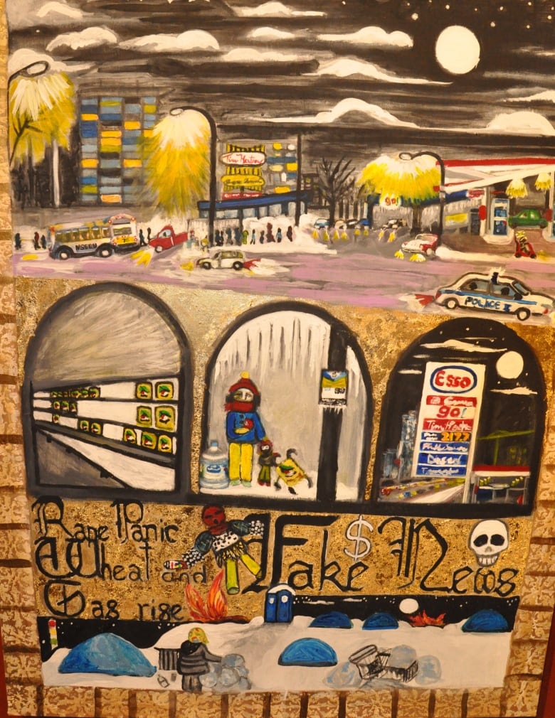 A painting that is a commentary on the fall of the middle class shows empty store shelves, people living in tents and a homeless youth collecting bottles.