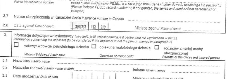 A stock form in English and Polish indicates someone died on Dec. 29, 2022