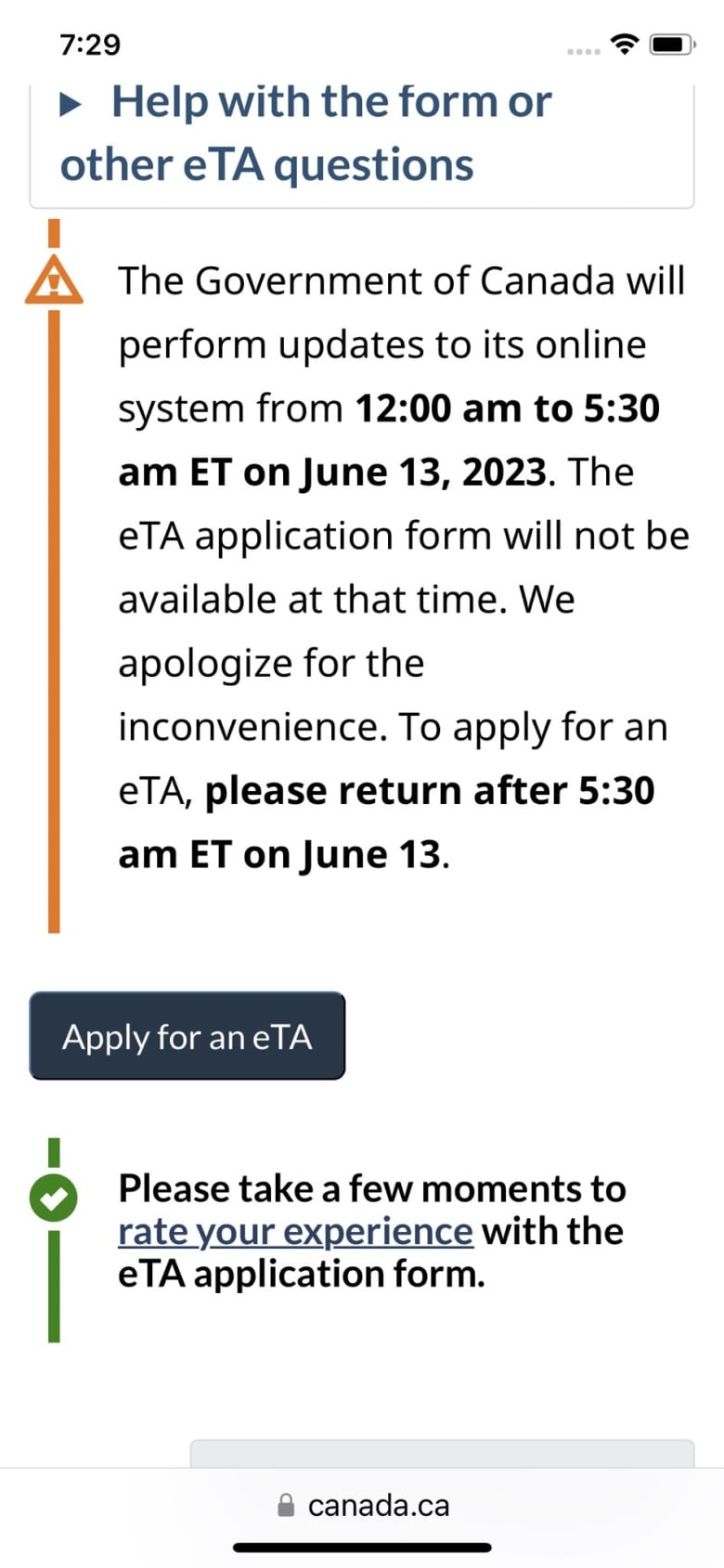 A screen that appears on the eTA application website as of Friday night.