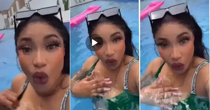 Moment Tonto Dikeh exposed her top while swimming (Video)