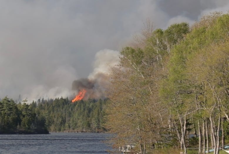 A view of flames over a forested areas with a lake in the foreground.