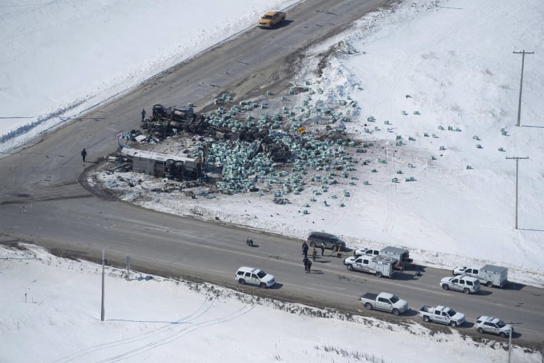 An aerial view of the aftermath of the crash between the Humboldt Broncos junior hockey team bus and a tractor trailer.