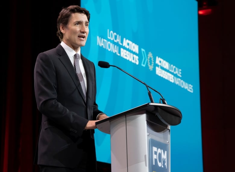Prime Minister Justin Trudeau speaks at a podium