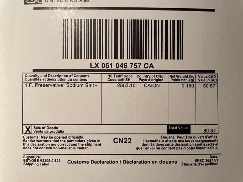 Customs declaration label, used by one of Kenneth Law's companies after a customer in Britain ordered sodium nitrite, describes the contents as "preservative: sodium salt."