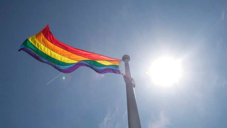 A rainbow flag blows in the wind. 