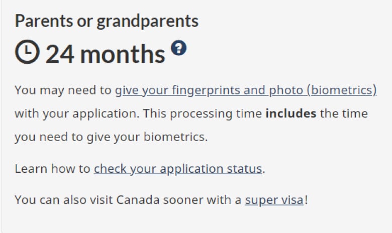 A screenshot of the IRCC's website that shows processing times for parents or grandparents at 24 months