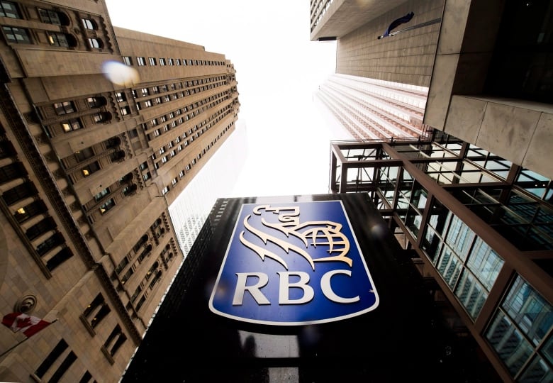 The Royal Bank logo is seen on a display, surrounded by skyscrapers. 