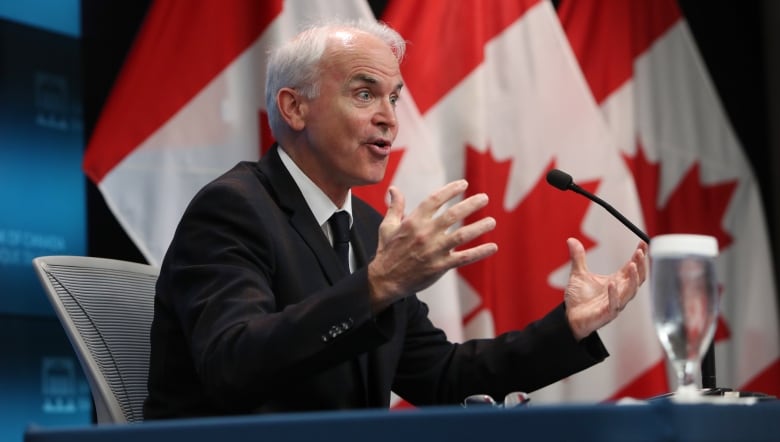 A man wearing a dark suit gestures before a microphone, in front of Canadian flags.