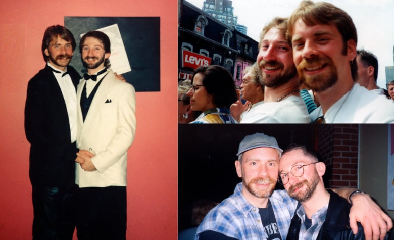 Three photos of a gay couple. On the left, both men are in suits. On the top right, each wears a t-shirt in a crowd at Toronto Pride. In the bottom right, the two of them wear matching plaid shirts. The man on the right has glasses, while the man on the left wears a denim hat.