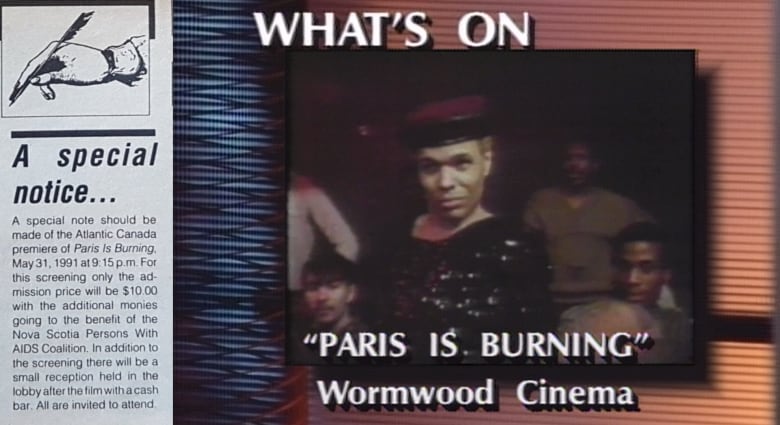 On the left, a special notice advertises the Atlantic Canadian premiere of Paris is Burning, a fundraiser for the Nova Scotia Persons with AIDS coalition. On the right, an archival screenshot advertises a screening of Paris is Burning at Wormwood's Cinema.