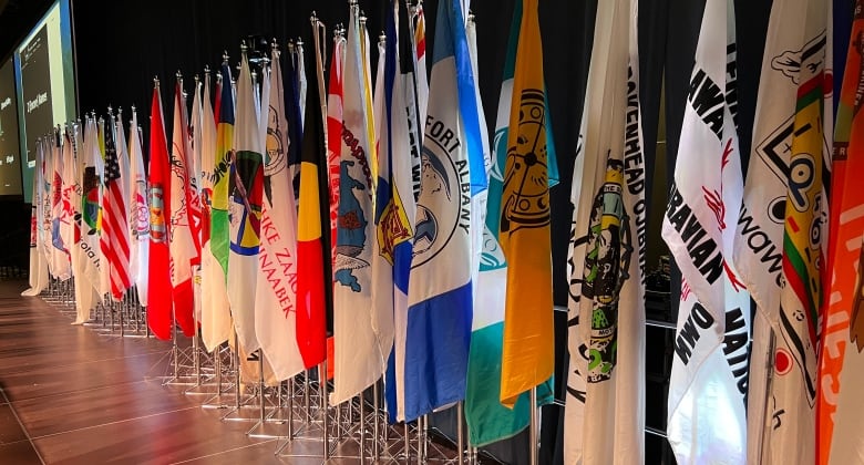 Flags from First Nations stand in a convention centre hall. 