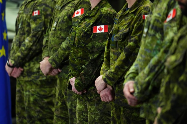 A row of military members in camoflauge outfits.