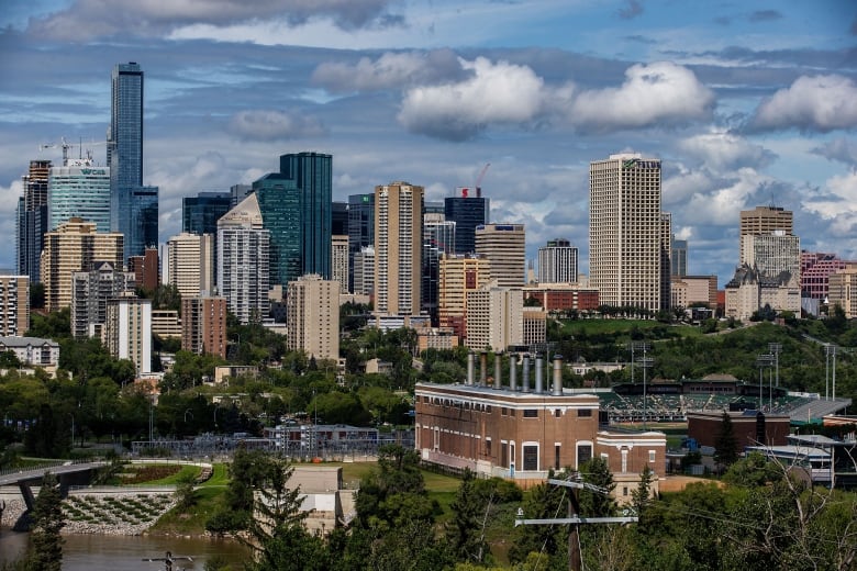 Tall office buildings fill the skyline on a sunny summer day in Edmonton, Alta.