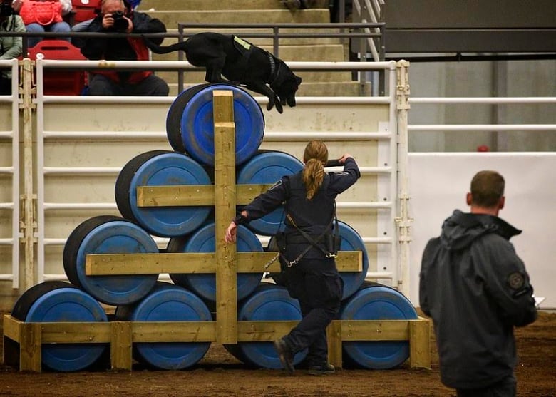CBSA officers Danielle Getzie and her dog Nova compete in this achieve photo.