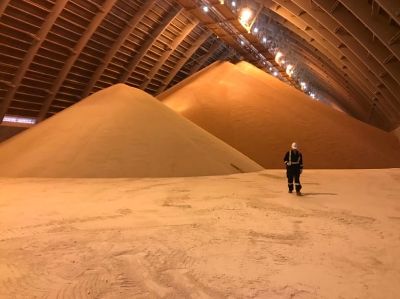 A man in black overalls stands amid sand-coloured pyramids of potash.