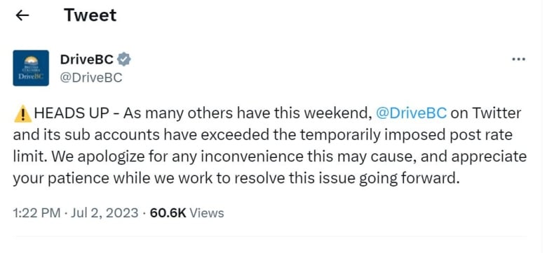 A tweet from DriveBC apologizes for being unable to post to Twitter because of a new rate limit policy.