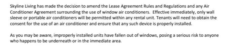 A portion of a letter from Skyline Living explaining the risks of window air conditioners.