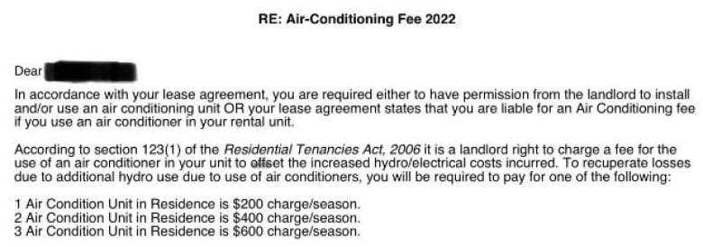 An example of a monthly fee charge provided by another property management company in Windsor, Ont. Name redacted for privacy. 