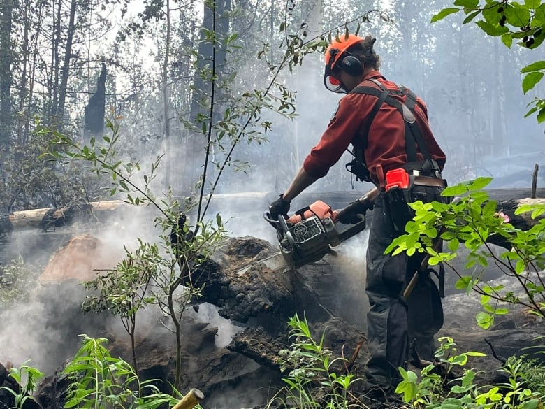 A firefighter uses a chainsaw to cu a burnt tree amid high smoke.