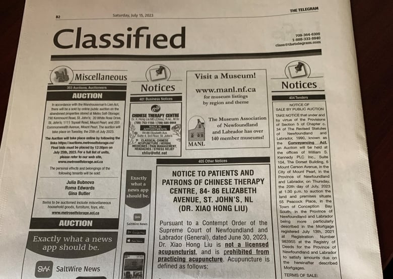 A newspaper page showing ads in the classified section.