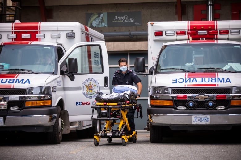 A B.C. Ambulance Service paramedic is pictured outside of St. Paul’s Hospital in Vancouver, British Columbia on Wednesday, June 30, 2021. 