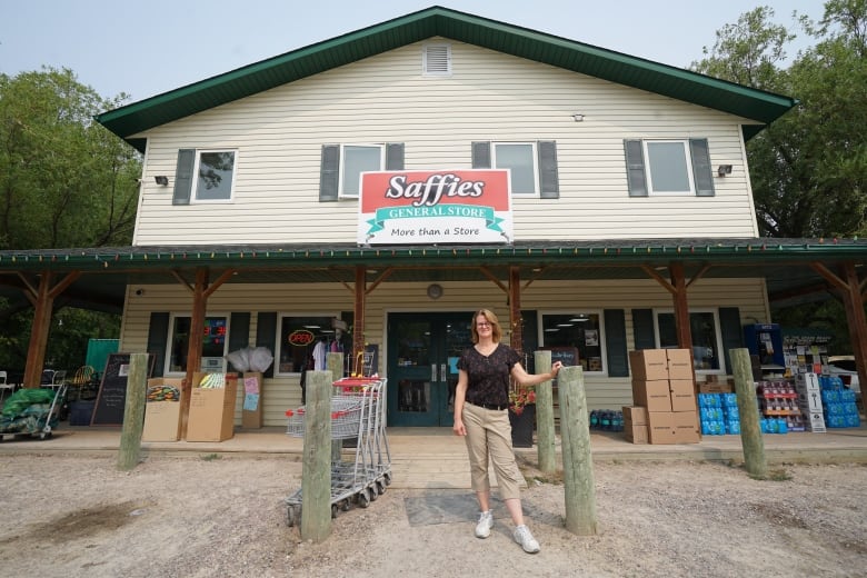 A woman stands in front of a store