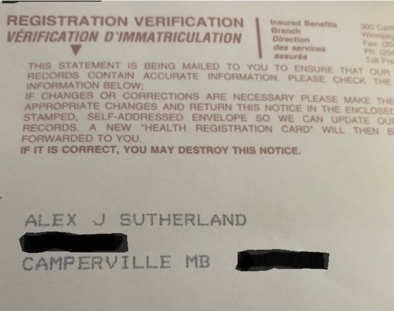 An I.D. card that reads 'Alex J Sutherland. Camperville MB'