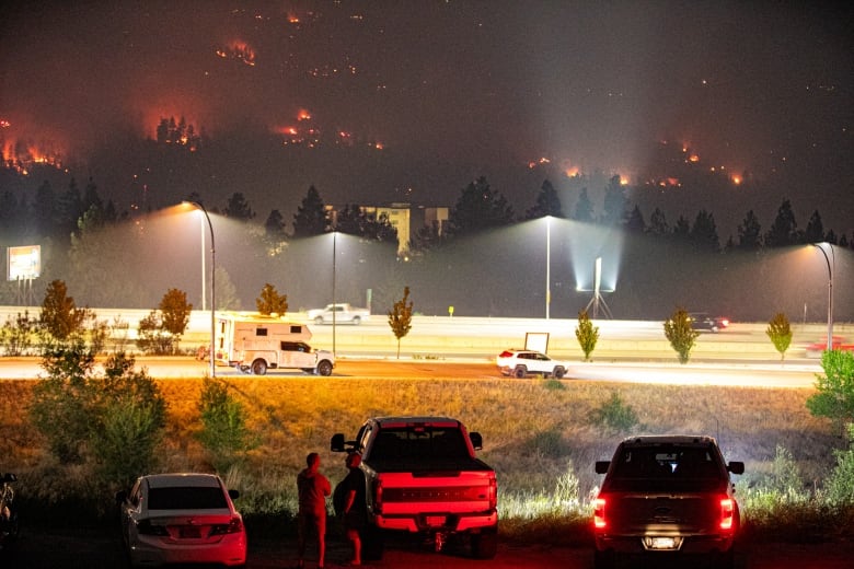 Fires burn in the distance as streetlights illuminate a stretch of road.