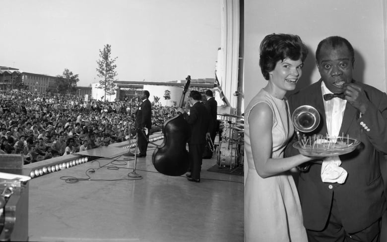 Louis Armstrong performing on stage and a second photo of Louis Armstrong standing beside a woman eating an appetizer.