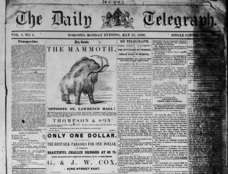 Front page of the Toronto Telegram newspaper from May 1866.
