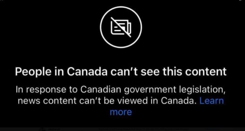 A screengrab from a cellphone of the Instagram App shows a white screen with a camera icon that has a line through it and the message: 'People in Canada can’t see this content. In response to Canadian government legislation, news content can’t be viewed in Canada.'