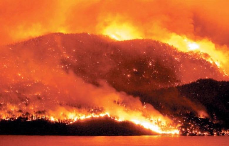 An orange fire rages out of control on a hillside at night.