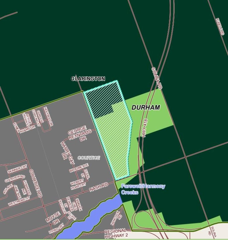 A map of a portion of Durham region with land in Clarington highlighted.