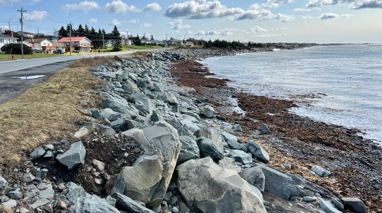 Rocky shoreline is seen with blue water on the right side, and homes and green lawns on the left