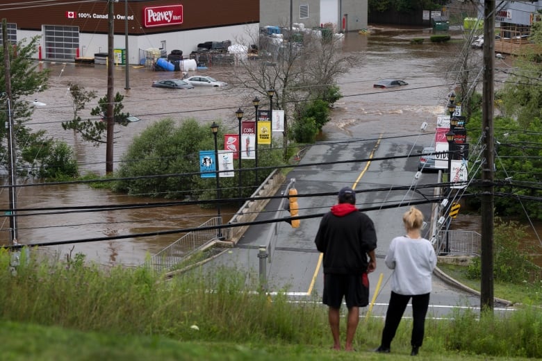 People stand on a hill surveying cars abandoned in floodwater.