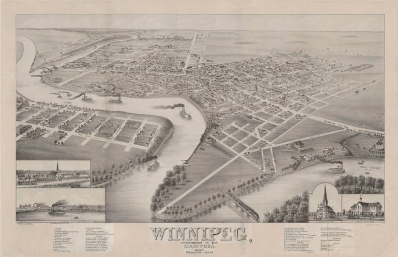 Black and white bird's eye view map of Winnipeg in 1880. It shows a bend in the river, steamboats and a handful of roads