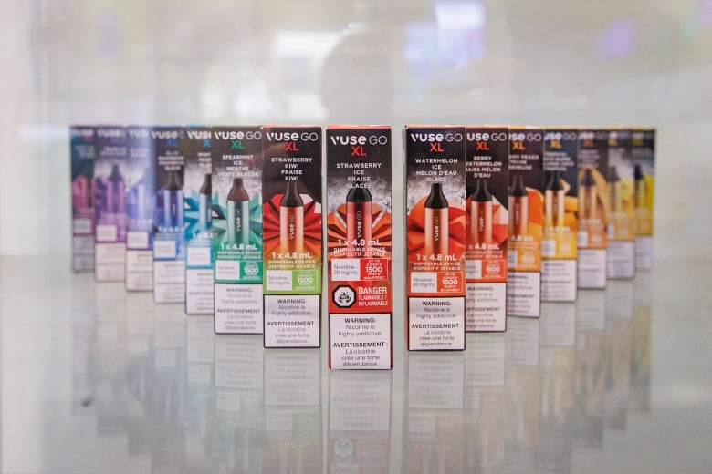 Vaping products at a downtown Toronto vape shop are pictured on April 25, 2023.