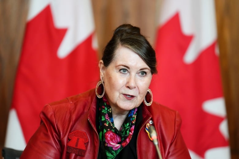 Manitoba Sen. Marilou McPhedran is seen at an April 2022 press conference on Parliament Hill.