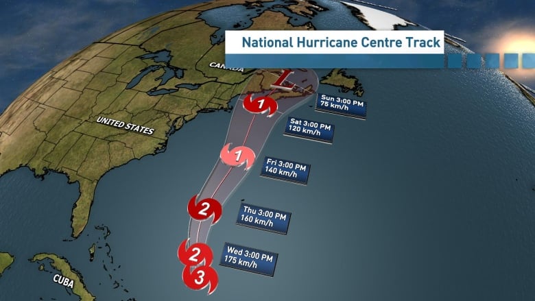 A map shows the Eastern Seaboard and a red symbol representing the track of Hurricane Lee dots the ocean.