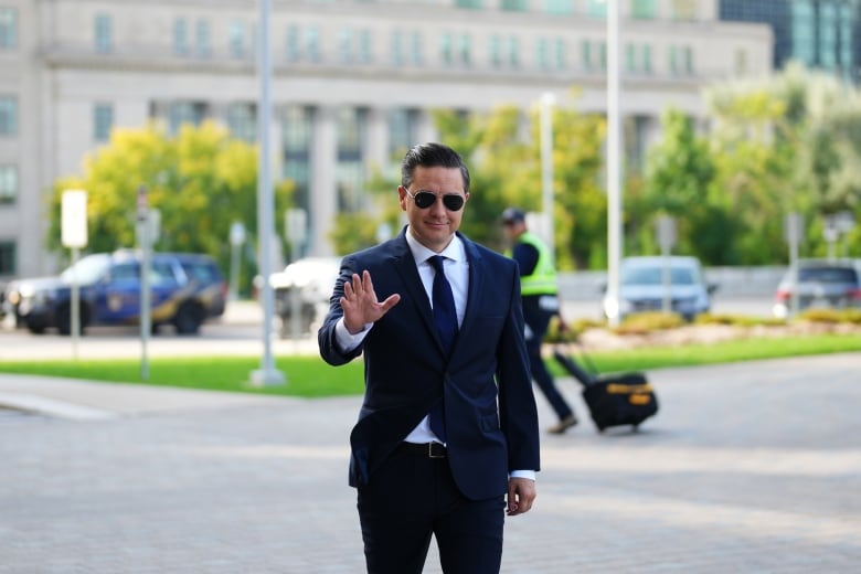 Conservative Leader Pierre Poilievre arrives at the west block on Parliament Hill in Ottawa, Monday, Sept. 18, 2023 as the House of Commons resumes for the fall sitting. 