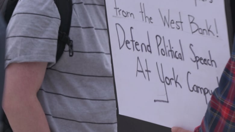 A close-up of a student's arm holding a protest sign, with the words '...from the West Bank. Defend political speech at York campus' shown.
