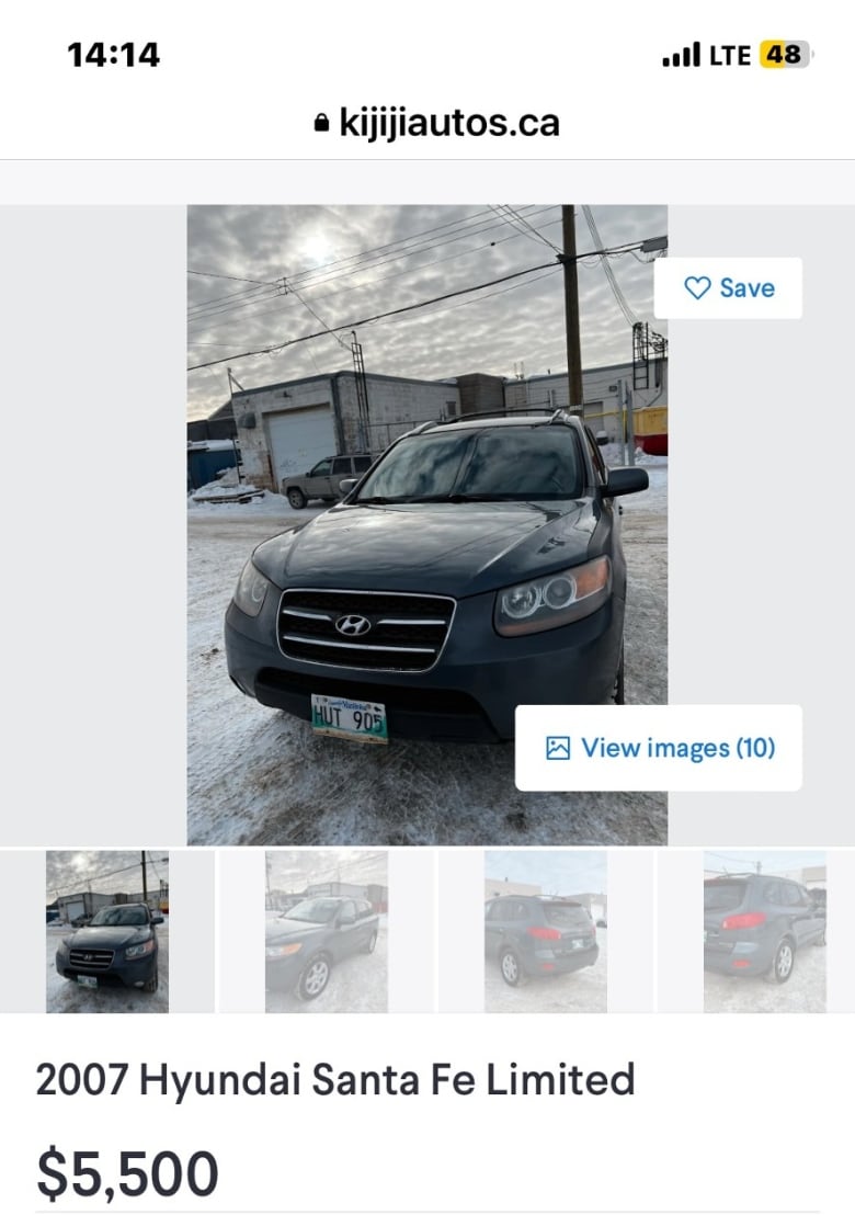 An ad for a dark-coloured SUV is shown with the listing title "2007 Hyundai Santa Fe Limited, $5,500". There are 10 different photos of the vehicle available to view from different angles.