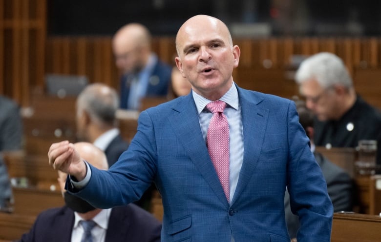 A bald politician wearing a blue suit participating in a parliamentary debate