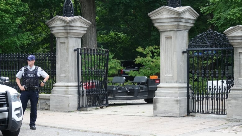 A gate leading to the grounds at Rideau Hall appeared to have some damage on July 2, 2020.