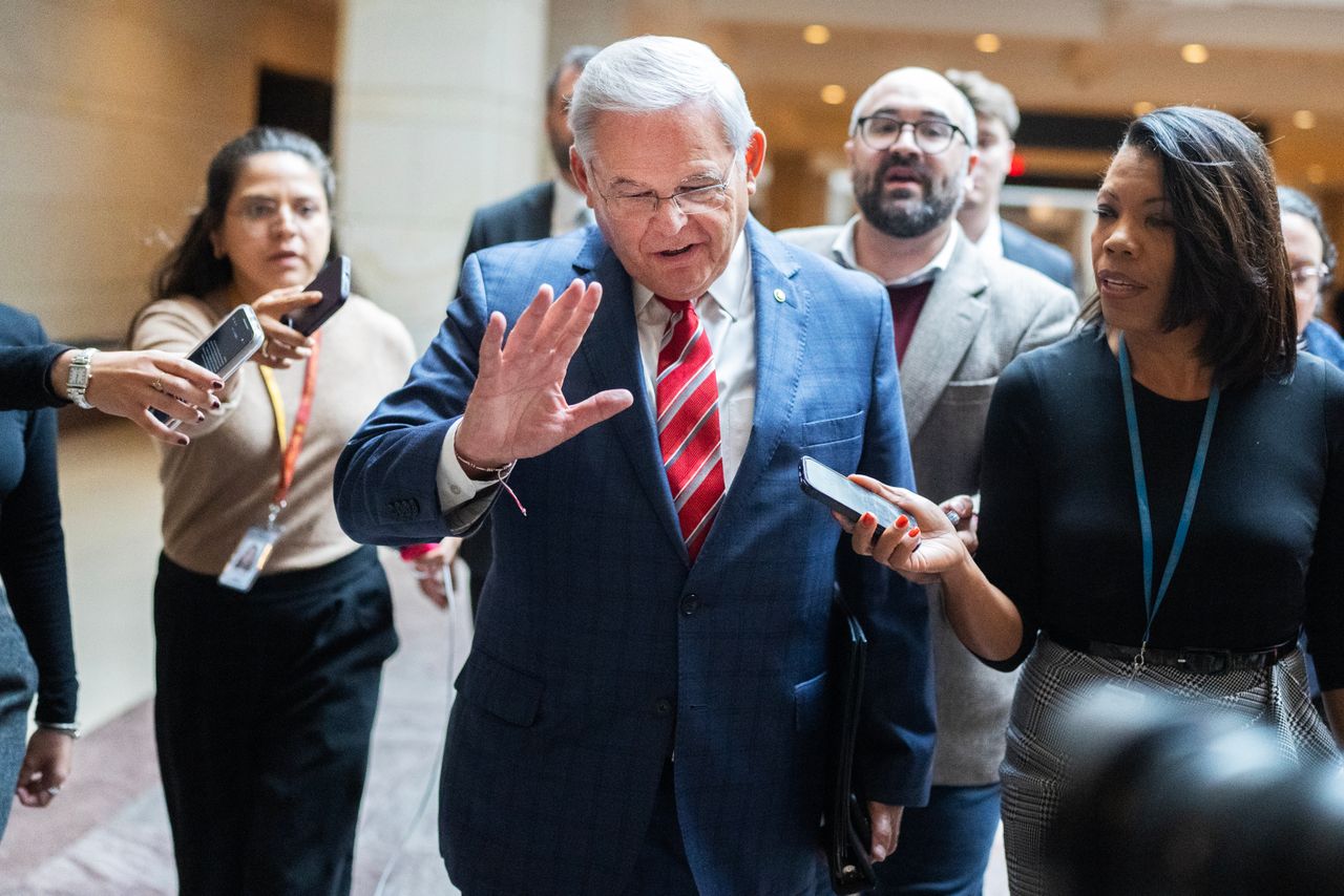 Menendez is seen after addressing colleagues at a Democratic Senate luncheon in the U.S. Capitol on Sept. 28. Menendez told senators he would not resign after being indicted on federal corruption charges.