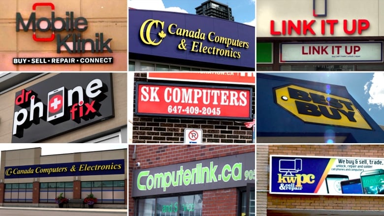 A grid of nine storefronts: Mobile Klinik, Canada Computers, Link It Up, Dr. Phone Fix, SK Computers, Best Buy, Canada Computers, Computerlink, and KW PC and Cell Repair.