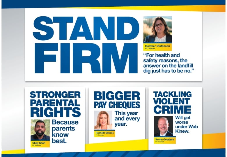 An ad with Heather Stefanson's image and the words "stand firm: For health and safety reasons, the answer on the landfill dig just has to be no.”