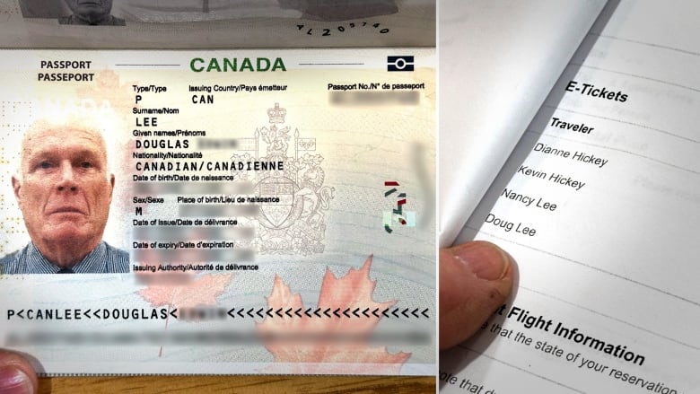 A passport with a photo of an elderly white man and a flight e-ticket are side by side showcasing a name discrepancy: Douglas versus Doug. 