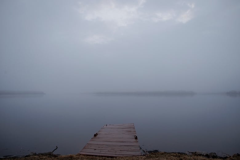 A dock juts out into the fog-covered water of a placid river. 