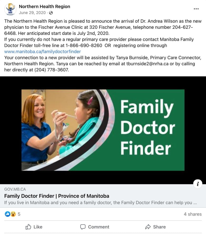 The Northern Health Region touted the recruitment of family physician Dr. Andrea Wilson in June 2020.